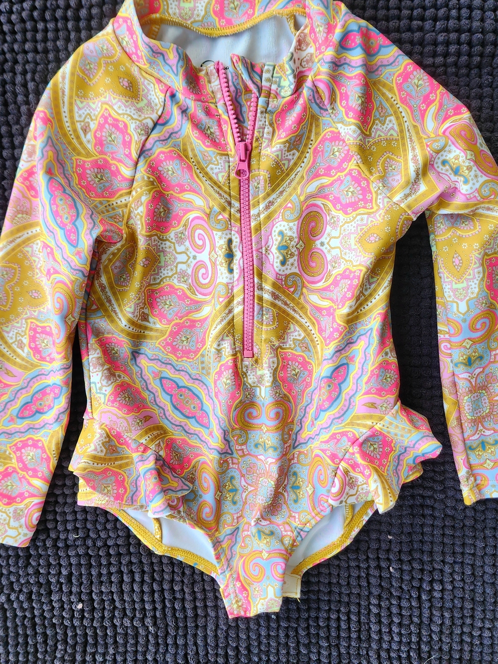 Jessica Simpson Pink & Yellow Paisley Long-Sleeve Rashguard One-Piece